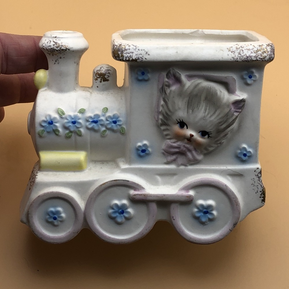 Train Planter W/ Kitten Baby Shower Decor Napcoware C-6701 Napco VTG Baby Room